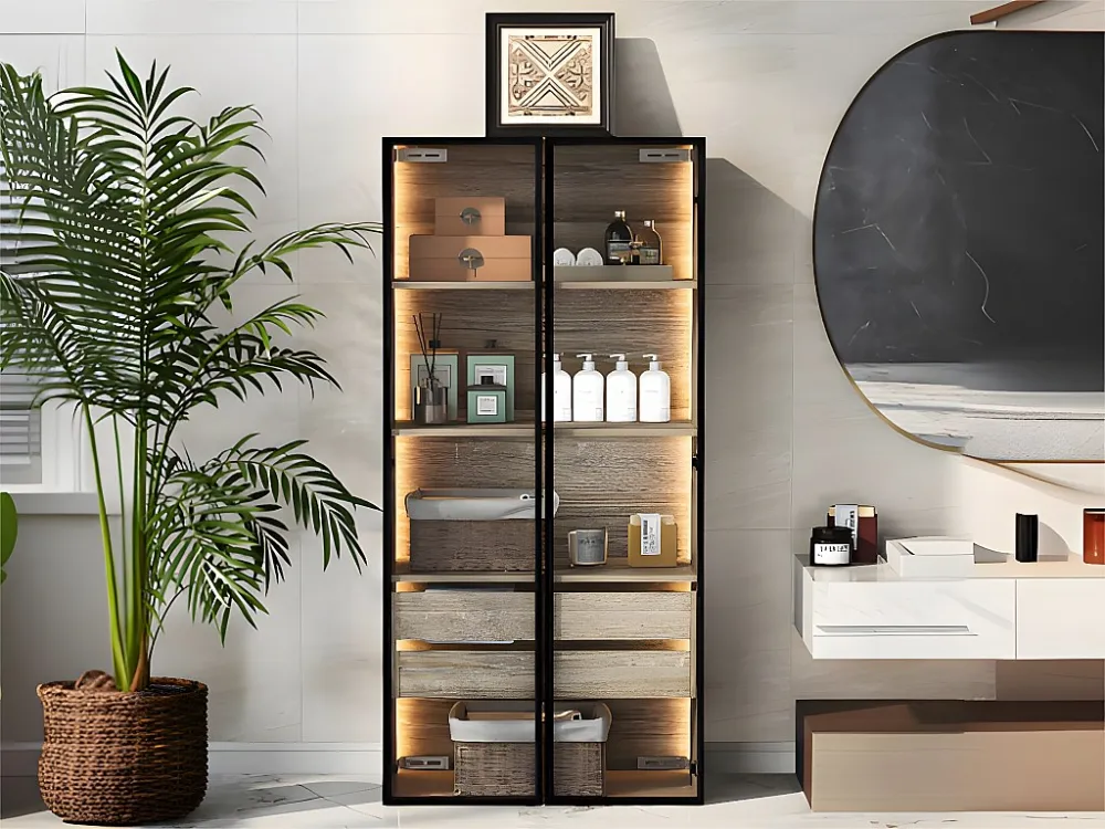 Vitrine、Badkamermeubel met LED - 2 grote laden en 2 glazen deuren - Naturel