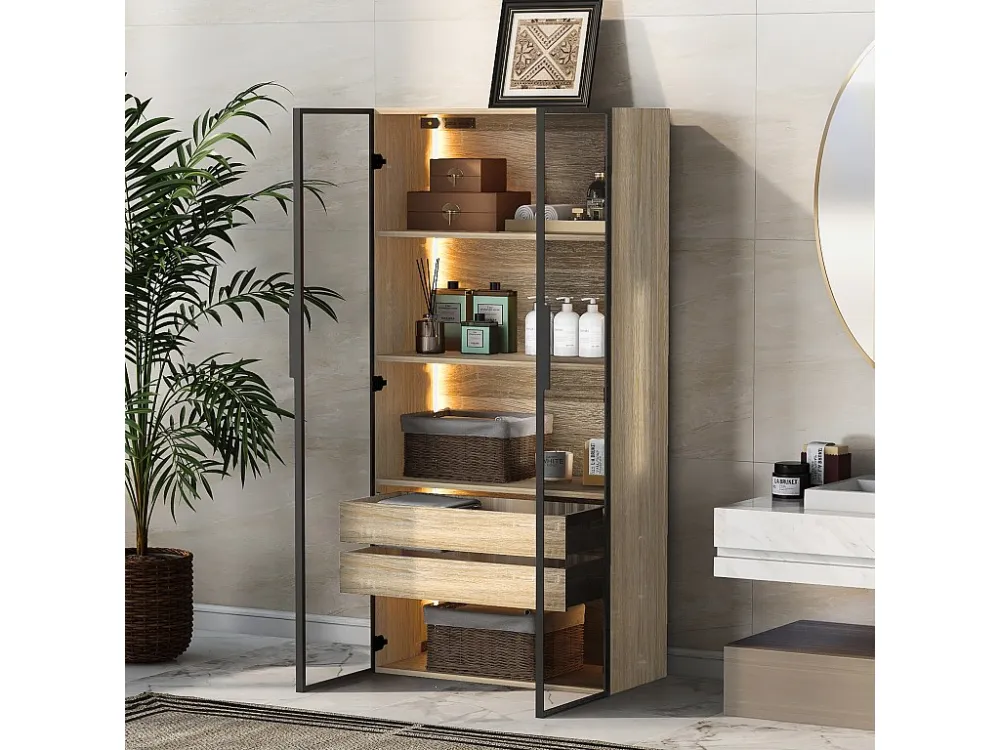 Vitrine、Badkamermeubel met LED - 2 grote laden en 2 glazen deuren - Naturel
