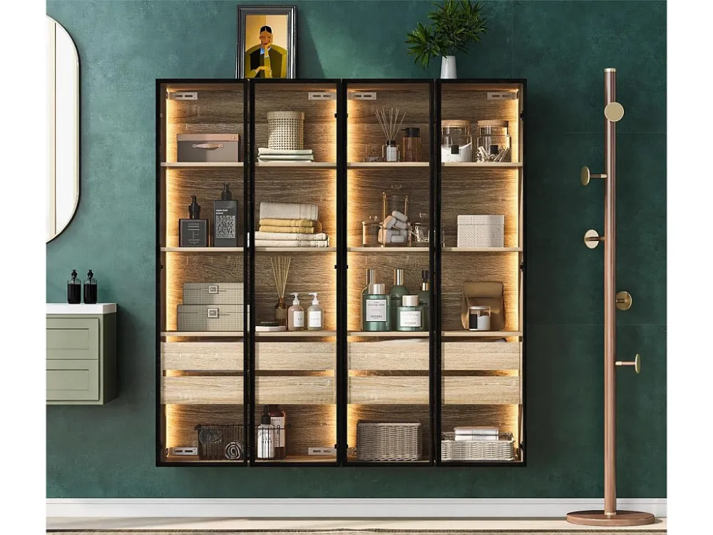 Vitrines、Badkamermeubel met LED - 2 grote laden en 2 glazen deuren - Naturel