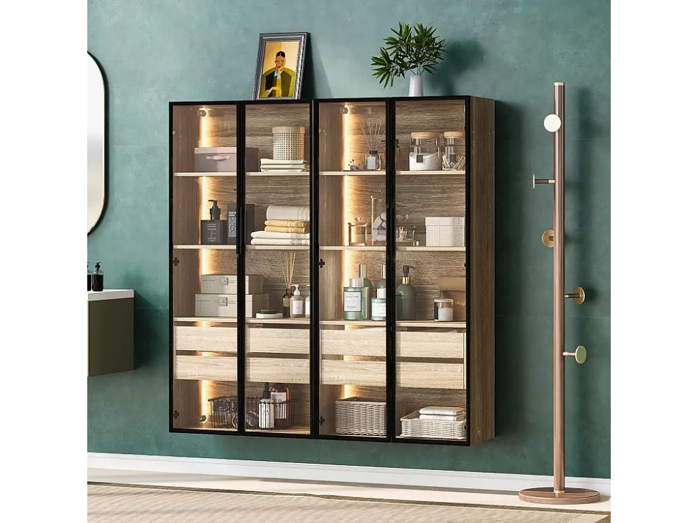 Vitrines、Badkamermeubel met LED - 2 grote laden en 2 glazen deuren - Naturel