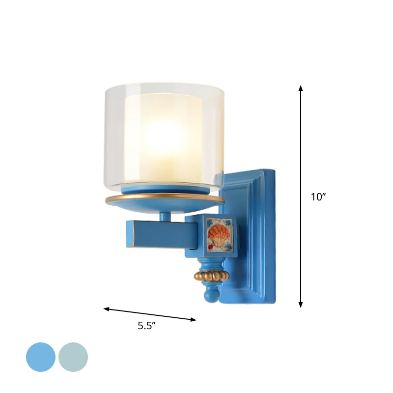 Wandlamp met dubbele kolom Kusthelder en opaalglas Hemels/lichtblauwe wandverlichting met decoratie van harsschelp