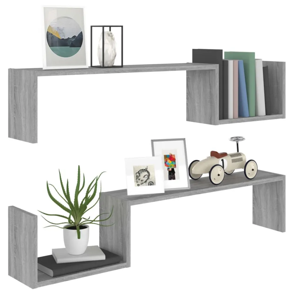Wandschappen 2 st 100x15x20 cm bewerkt hout grijs sonoma eiken