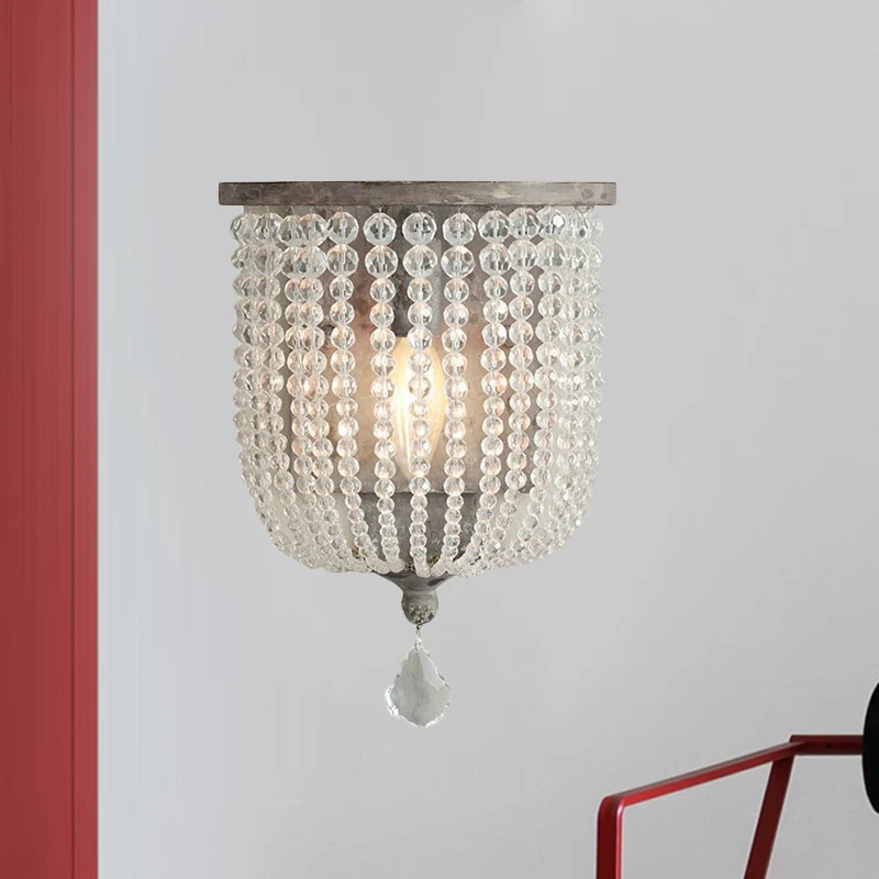 White/Grey 1 Light Wall Mount Light Minimalism Crystal Half-Basket Sconce Light Fixture White