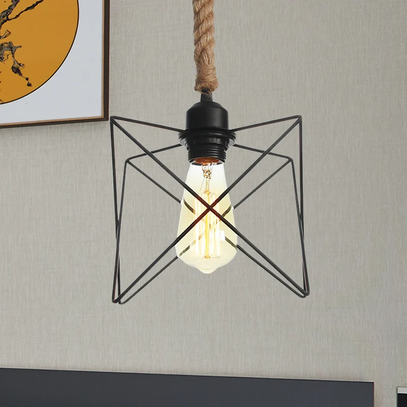 Wire Cage Dining Room Hanging Light Antiek Metallic 1 Bulb Black Pendant Lamp Rope Cord Black