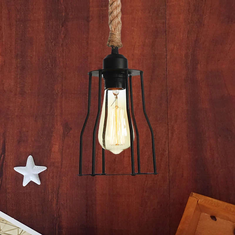 Wire Cage Dining Room Hanging Light Antiek Metallic 1 Bulb Black Pendant Lamp Rope Cord Black