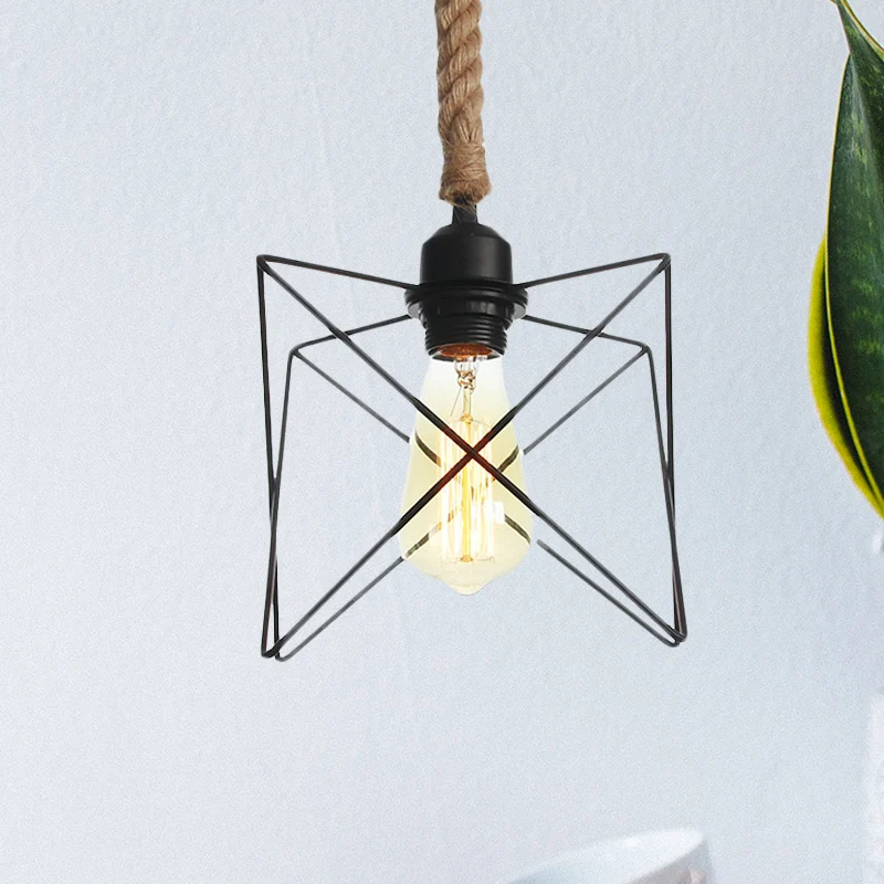 Wire Cage Dining Room Hanging Light Antiek Metallic 1 Bulb Black Pendant Lamp Rope Cord Black