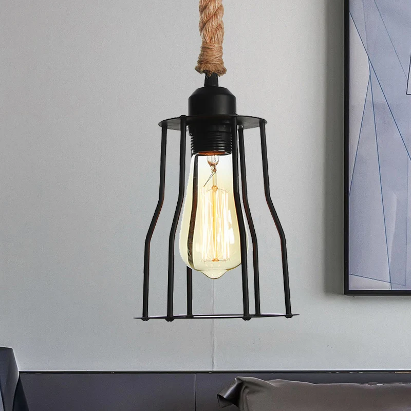 Wire Cage Dining Room Hanging Light Antiek Metallic 1 Bulb Black Pendant Lamp Rope Cord Black