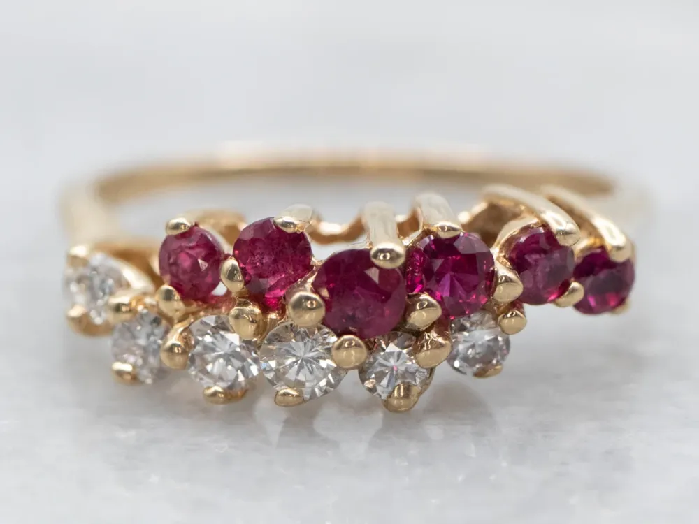 Zonnegeel Gold Diamond and Ruby Two Row Bypass Ring