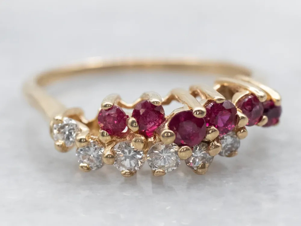 Zonnegeel Gold Diamond and Ruby Two Row Bypass Ring