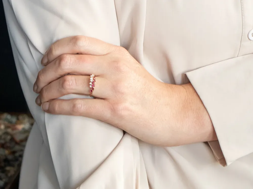 Zonnegeel Gold Diamond and Ruby Two Row Bypass Ring