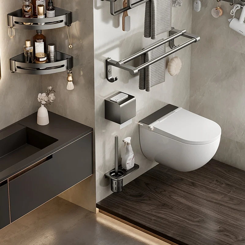 Aluminum Contemporain Bathroom Accessory Set Polished Gray Bath Shelf/Paper Holder/Robe Hooks
