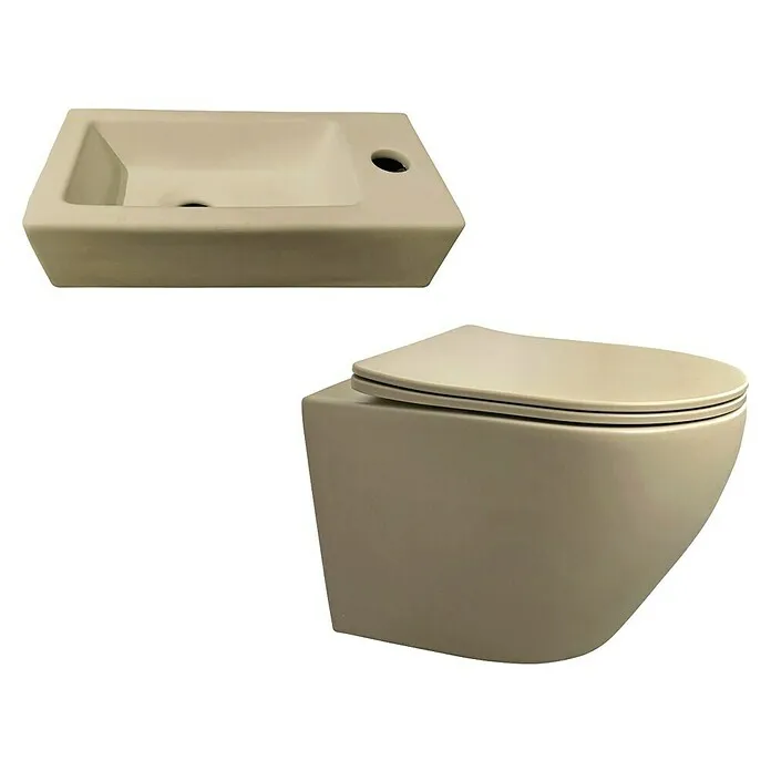 Best Design Hangend toiletset + Fontein - Zonder spoelrand, Khaki, Softclose