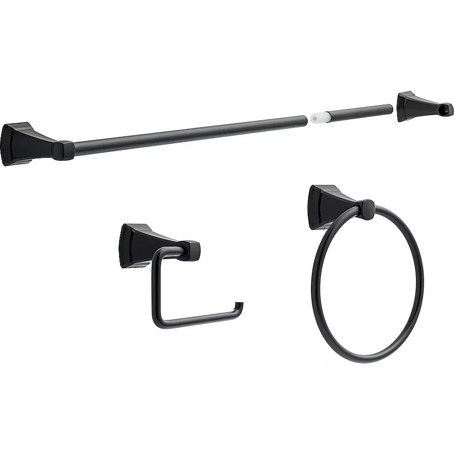 Delta 3-Piece Flynn Matte Zwart Decorative Bathroom Hardware Set Towel Bar,Toilet Paper Holder and Towel Ring