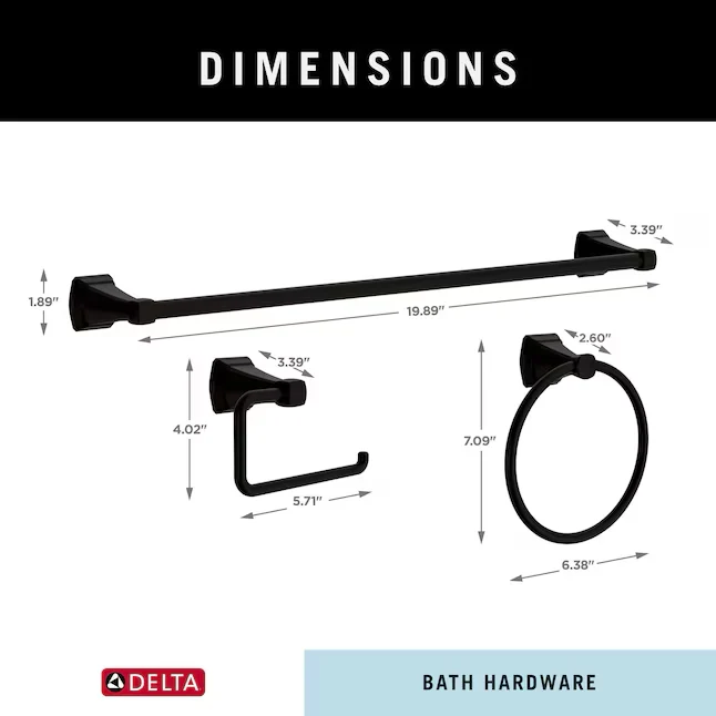 Delta 3-Piece Flynn Matte Zwart Decorative Bathroom Hardware Set Towel Bar,Toilet Paper Holder and Towel Ring