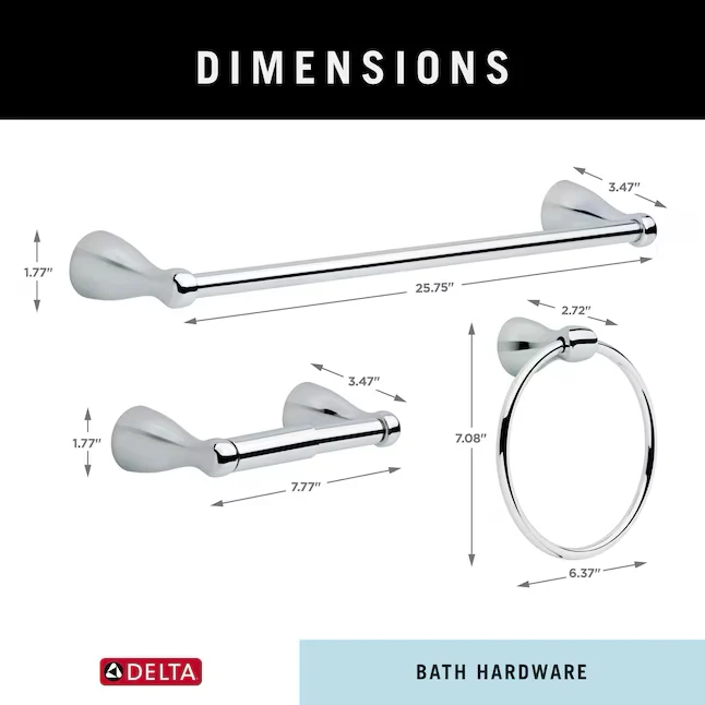 Delta 3-Piece Foundations Polished Metaalglans Decorative Bathroom Hardware Set Towel Bar,Toilet Paper Holder and Towel Ring