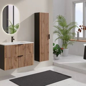 Hangmeubel met groeven met inbouwwastafel + kolomkast, zwak naturel en zwart, 60 cm, MADELA