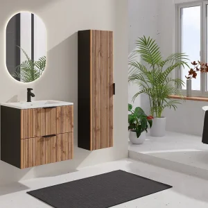 Hangmeubel met groeven met wastafel + kolomkast, zwak naturel en zwart, 60 cm, MADELA