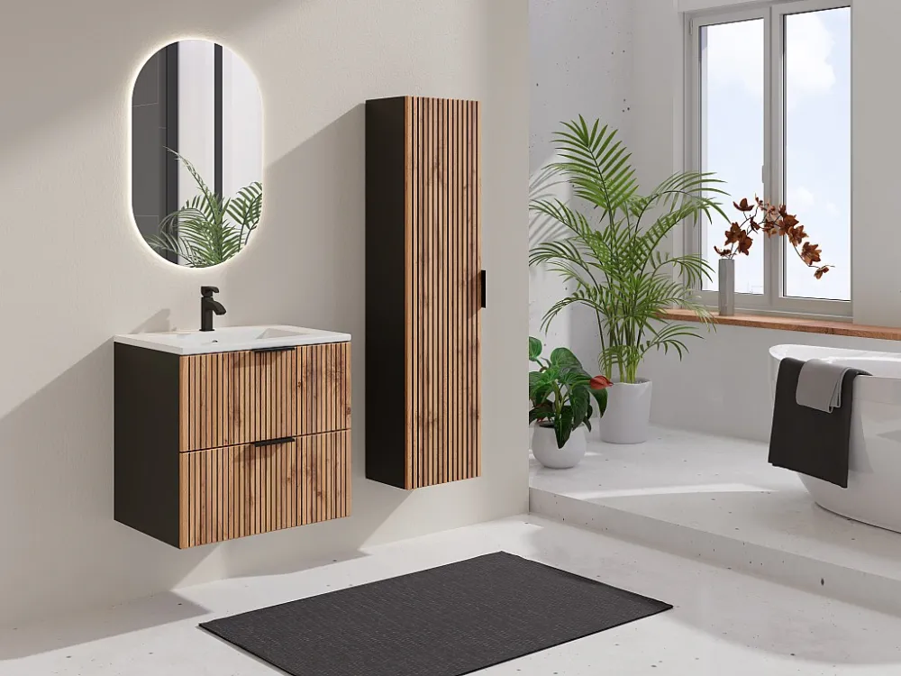 Hangmeubel met groeven met wastafel + kolomkast, zwak naturel en zwart, 60 cm, MADELA