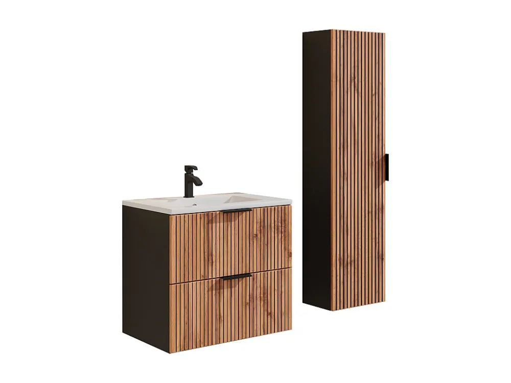 Hangmeubel met groeven met wastafel + kolomkast, zwak naturel en zwart, 60 cm, MADELA