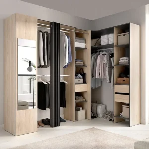 Hoekkledingkast 1 deur met gordijn en spiegel L231 cm, naturel en antraciet - BERTRAND