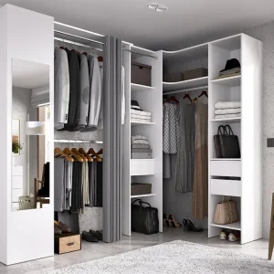 Hoekkledingkast 1 deur met gordijn en spiegel L231 cm, wit en grijs - BERTRAND