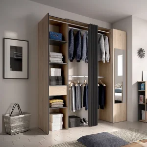 Kleerkast L177 cm met gordijn en deur, 1 spiegel, naturel en antraciet - BERTRAND