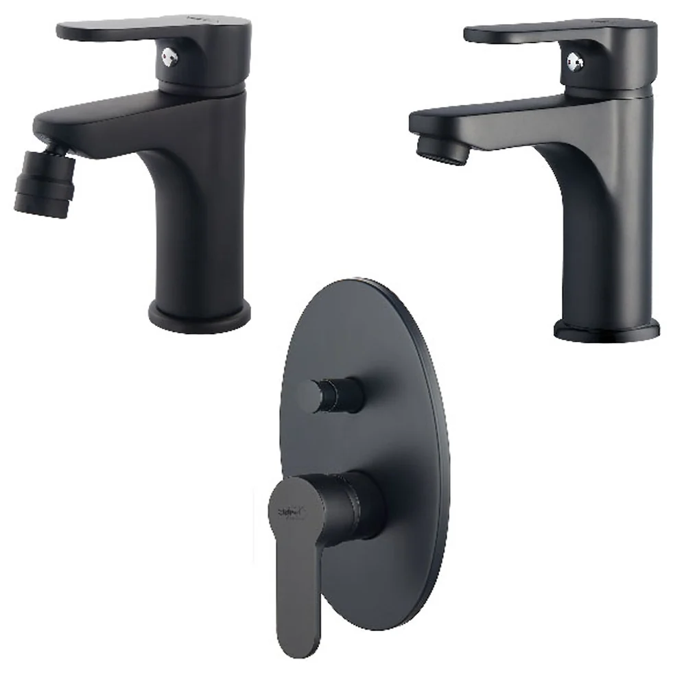 Set faucet mixers sink, bidet, and shower diverter Paco series effen black color