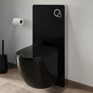 Set voor hang-wc van glanzend zwart keramiek met decoratief voorwandsysteem, JAVOINE