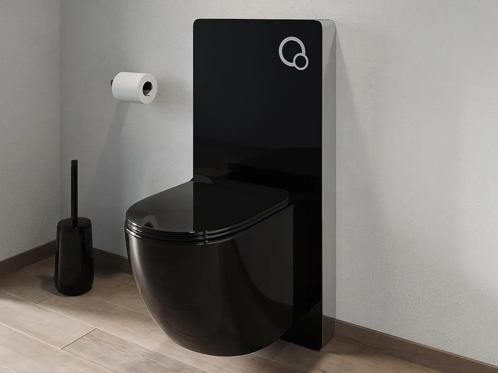 Set voor hang-wc van glanzend zwart keramiek met decoratief voorwandsysteem, JAVOINE