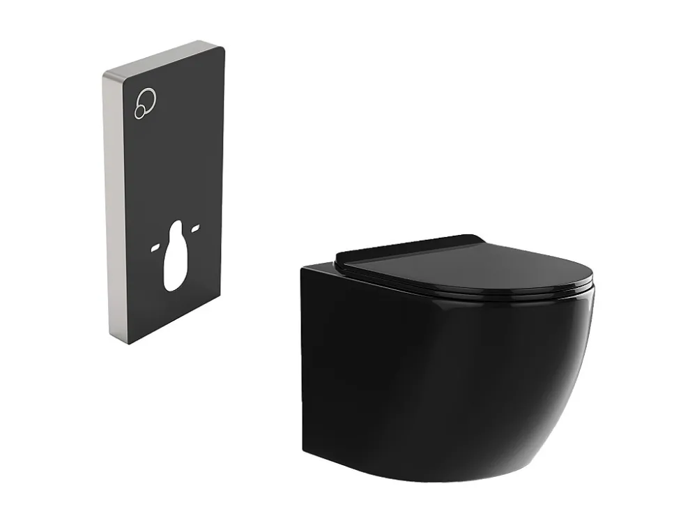 Set voor hang-wc van glanzend zwart keramiek met decoratief voorwandsysteem, JAVOINE