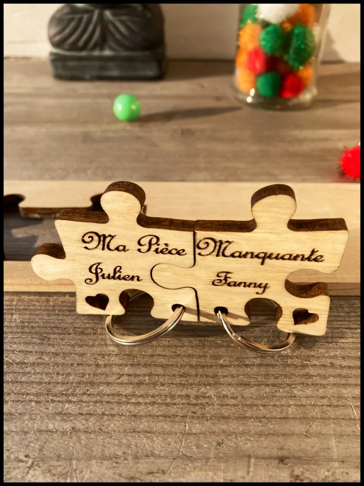 Charmante dubbele sleutelhanger van massief hout: aanpasbare charmante puzzels Atelier Xavier Leen
