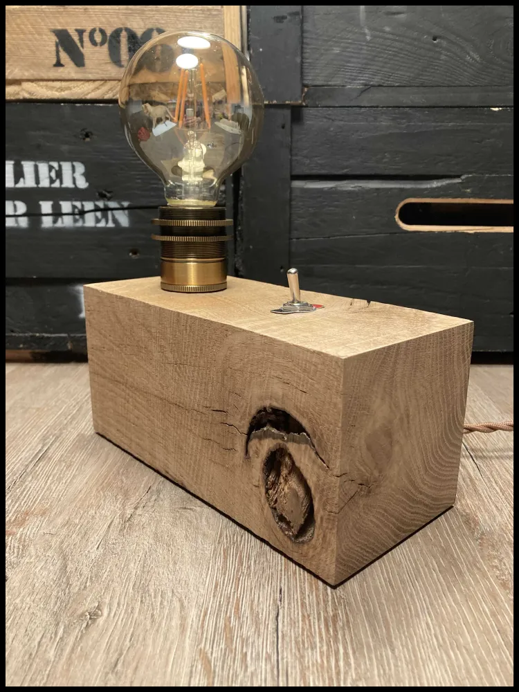 Industriële edisonlamp massief eikenhout met hendelschakelaar Atelier Xavier Leen
