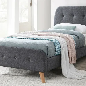 Bed ROMEO met gestoffeerde hoofdeinde - 90x190cm - Grijze stof + Matras - Koop nu betaalbaar