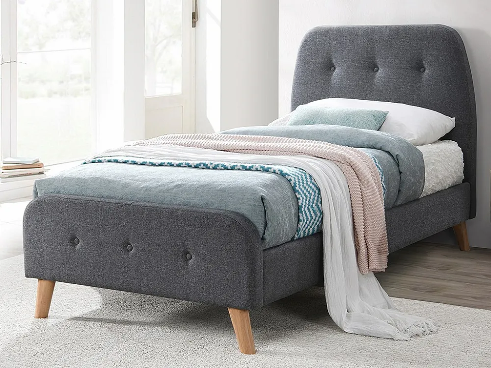 Bed ROMEO met gestoffeerde hoofdeinde - 90x190cm - Grijze stof + Matras - Koop nu betaalbaar