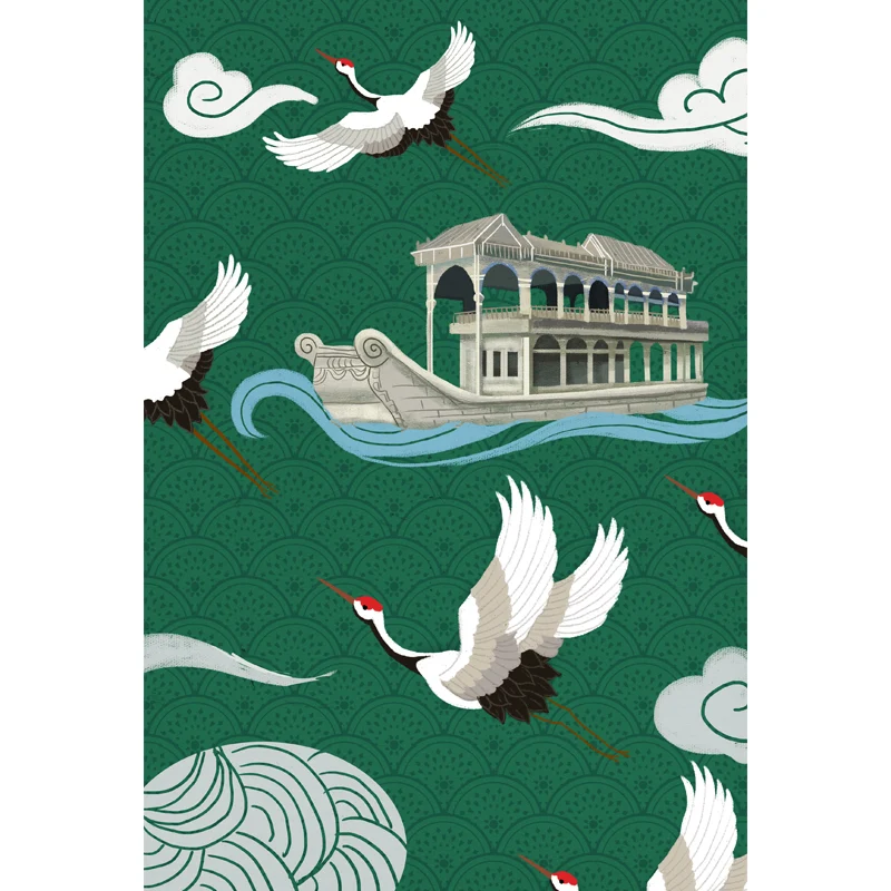 Chinese Houseboat and Halcyon Mural Tearoom Gepersonaliseerd Wall Art White-Green Green