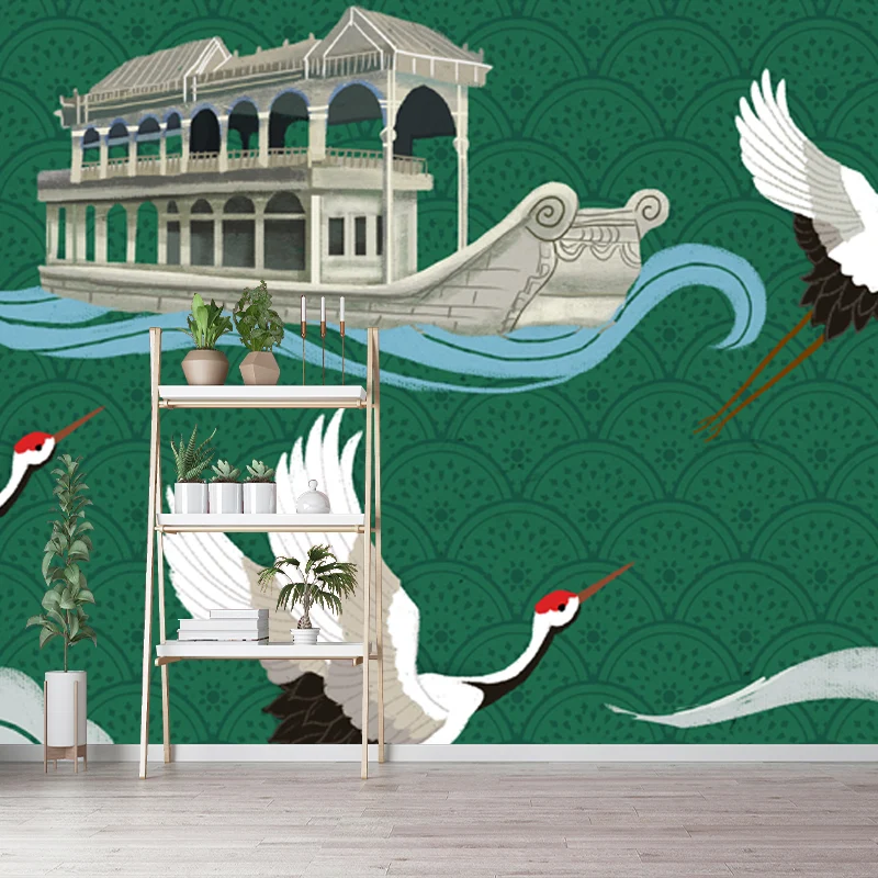 Chinese Houseboat and Halcyon Mural Tearoom Individueel Wall Art White-Green Green