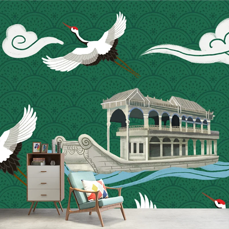 Chinese Houseboat and Halcyon Mural Tearoom Individueel Wall Art White-Green Green