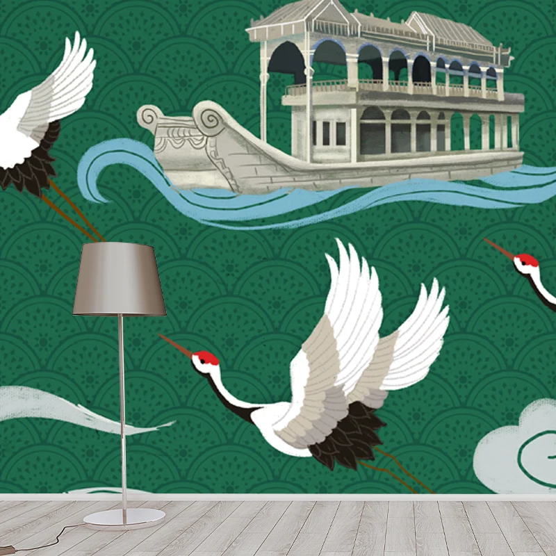 Chinese Houseboat and Halcyon Mural Tearoom Individueel Wall Art White-Green Green