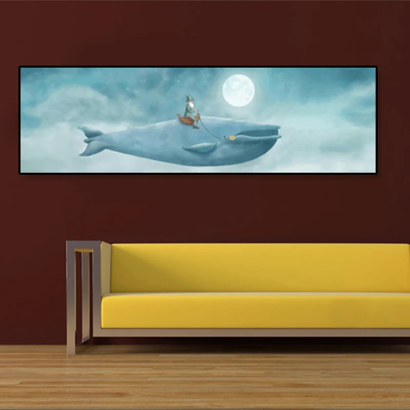 Geïllustreerde walvis en maan doek kunst zachte kleur kinderstijl wanddecoratie voor woonkamer