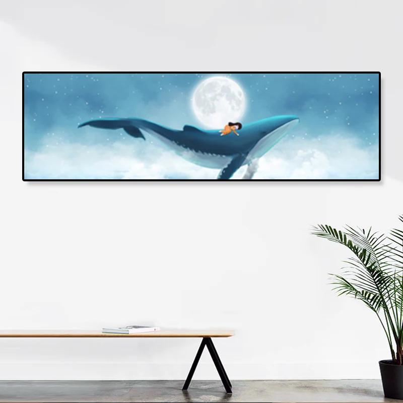 Geïllustreerde walvis en maan doek kunst zachte kleur kinderstijl wanddecoratie voor woonkamer