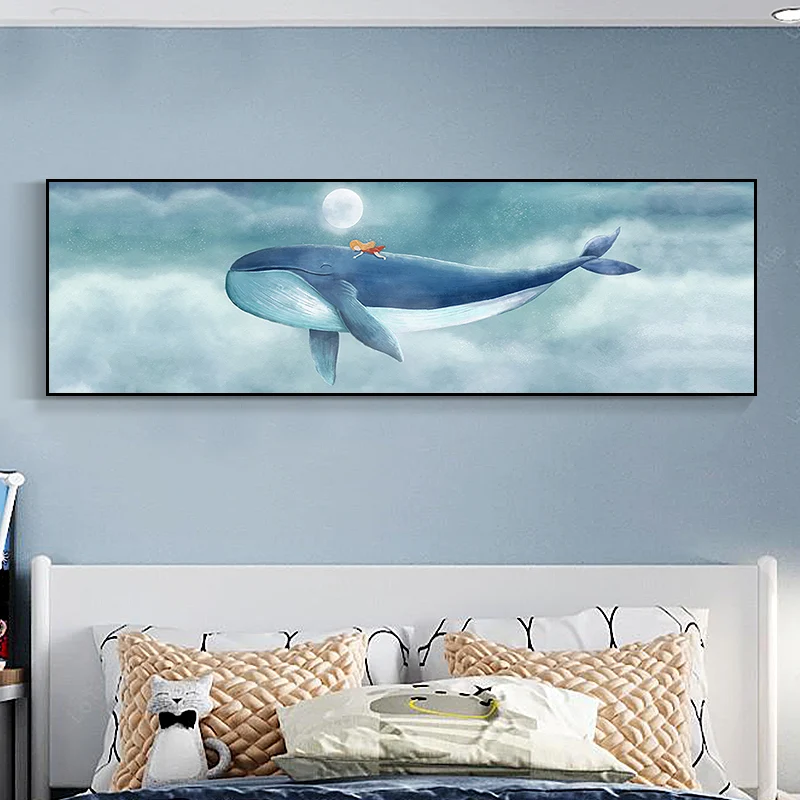 Geïllustreerde walvis en maan doek kunst zachte kleur kinderstijl wanddecoratie voor woonkamer