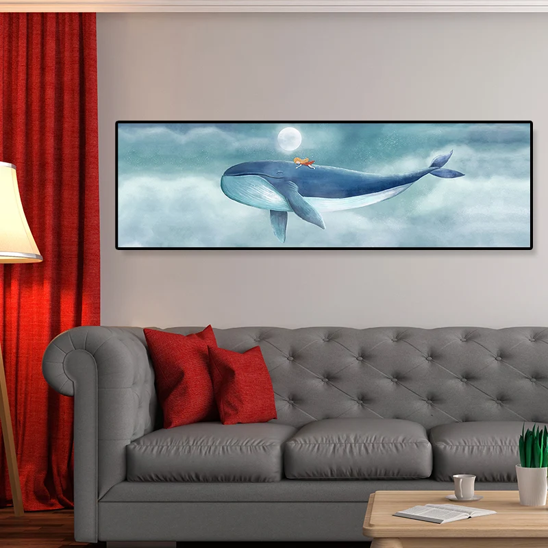 Geïllustreerde walvis en maan stevig doek kunst zachte kleur kinderstijl wanddecoratie voor woonkamer