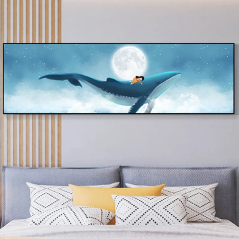 Geïllustreerde walvis en maan stevig doek kunst zachte kleur kinderstijl wanddecoratie voor woonkamer