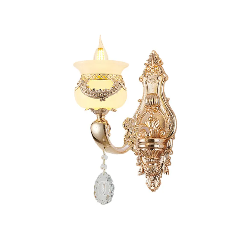Gouden kandelaar schanslamp Traditionele Jade 1/2-lichts Living Rom-wandlamp met bungelend kristal