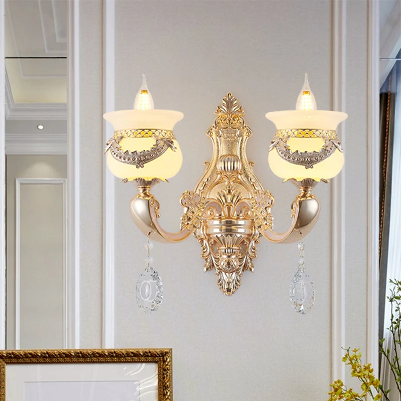 Gouden kandelaar schanslamp Traditionele Jade 1/2-lichts Living Rom-wandlamp met bungelend kristal