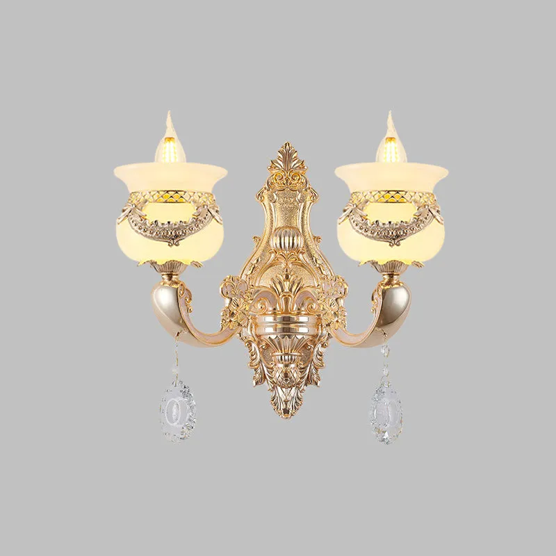 Gouden kandelaar schanslamp Traditionele Jade 1/2-lichts Living Rom-wandlamp met bungelend kristal