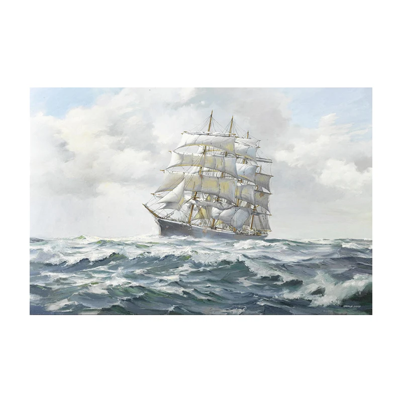Grijze Atlantische zeilschip schilderij getextureerde hedendaagse woonkamer zeildoek kunst aan de muur