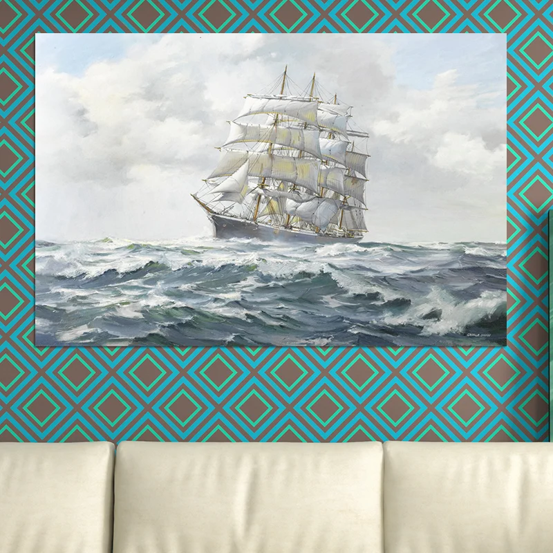Grijze Atlantische zeilschip schilderij getextureerde hedendaagse woonkamer zeildoek kunst aan de muur