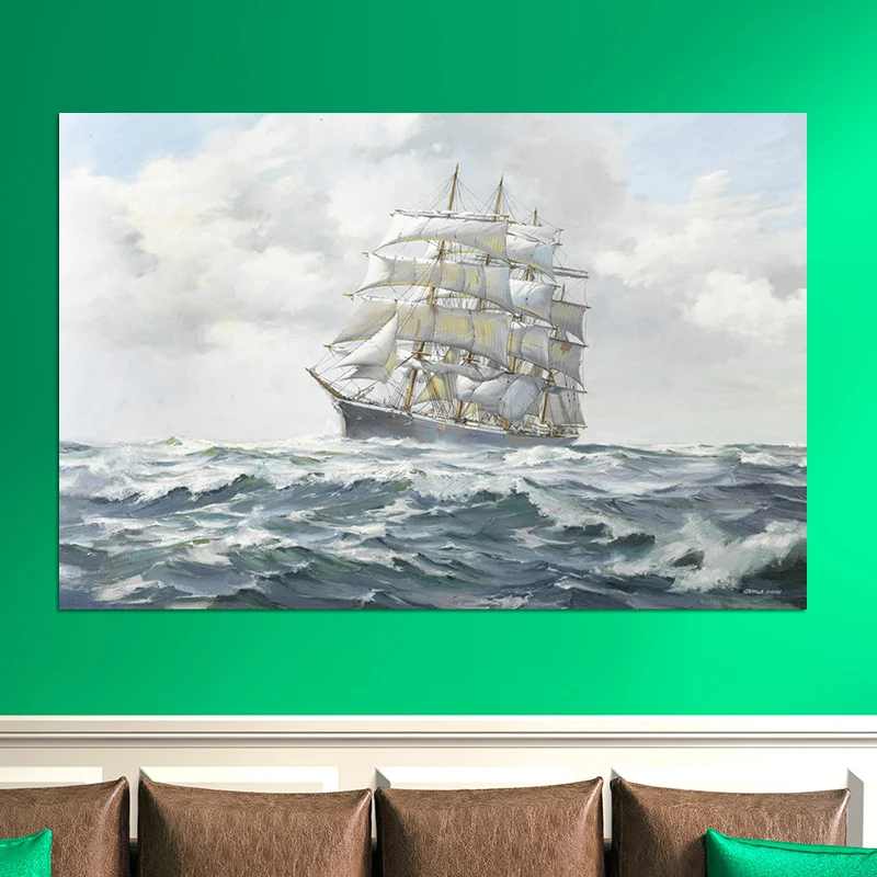 Grijze Atlantische zeilschip schilderij getextureerde hedendaagse woonkamer doek kunst aan de muur