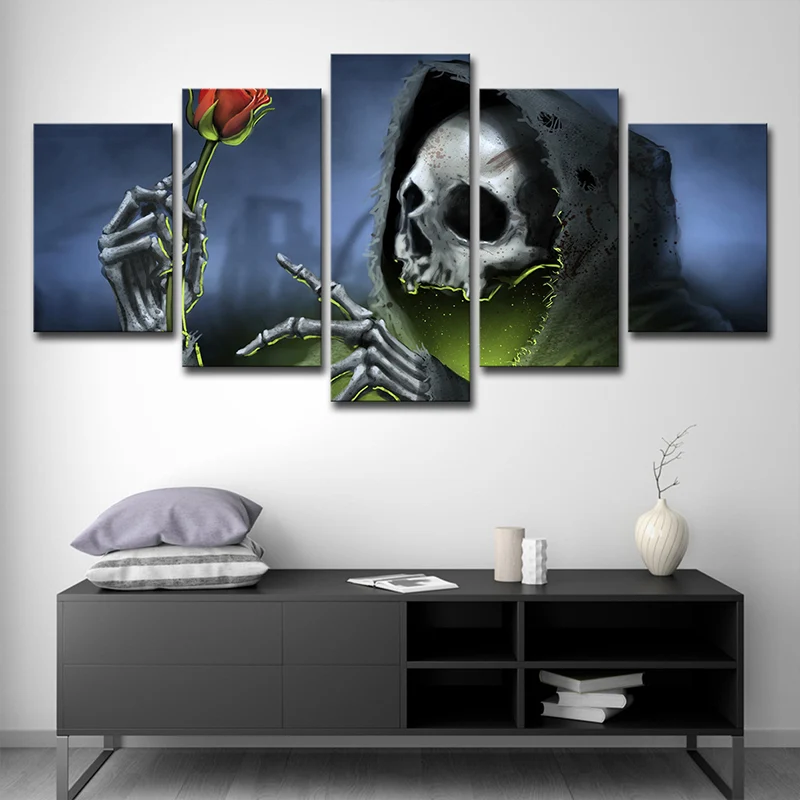 Grim Reaper met Rose Art Print moderne stijl meerdelige wanddecoratie blauw voor kamer